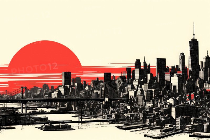 Illustration, graphic of the Manhattan skyline with the Manhattan Bridge over the East River, during an atmospheric, stylised sunset, AI generated, AI generated, AI generated