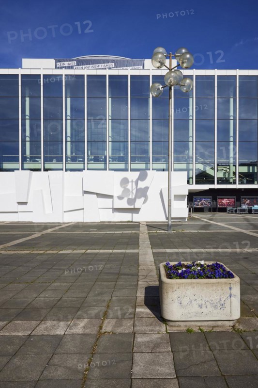 Front of the Musiktheater im Revier in front of a blue sky with lanterns and flower pots in Gelsenkirchen, Ruhr area, independent city, North Rhine-Westphalia, Germany, Europe