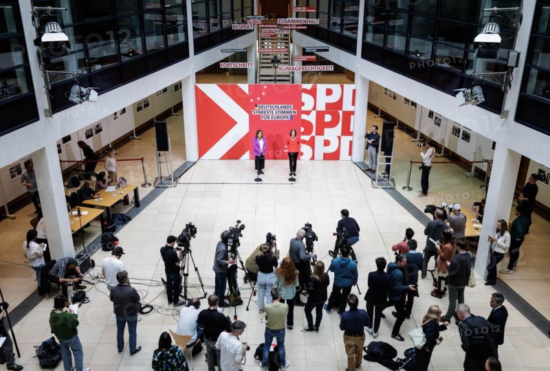 (R-L) Katarina Barley, SPD politician and Member of the European Parliament and Iratxe Garcv?a Pv©rez, leader of the Spanish Progressive Alliance of Socialists and Democrats parliamentary group, pictured during a press conference at the Willy Brandt House in Berlin, 8 April 2024
