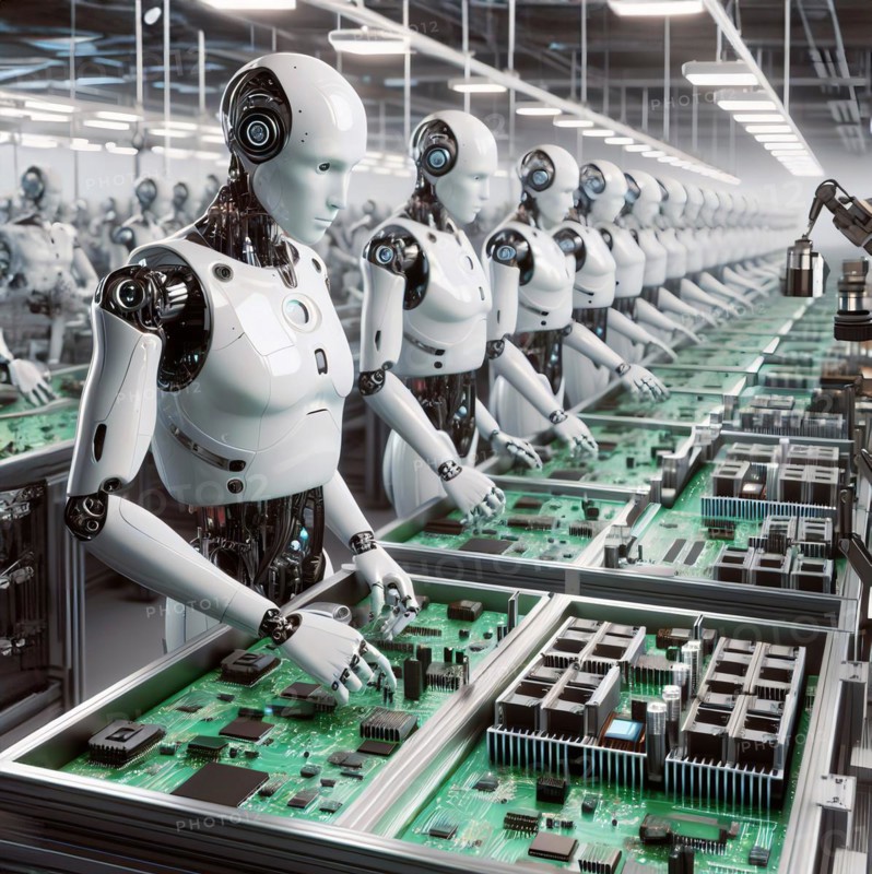 Humanoid robots assemble circuits on an assembly line in a factory, symbolic image cybernetics, science fiction, technology, work, industry, AI generated, AI generated