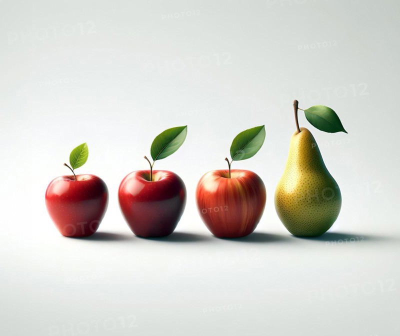 Three apples and a pear, symbol image fruit, fruits, contrast, variety, food, vitamins, healthy, healthy eating, AI generated, AI generated