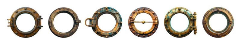 Set of vintage aged brass ship porthole isolated on a white background. generative AI, AI generated
