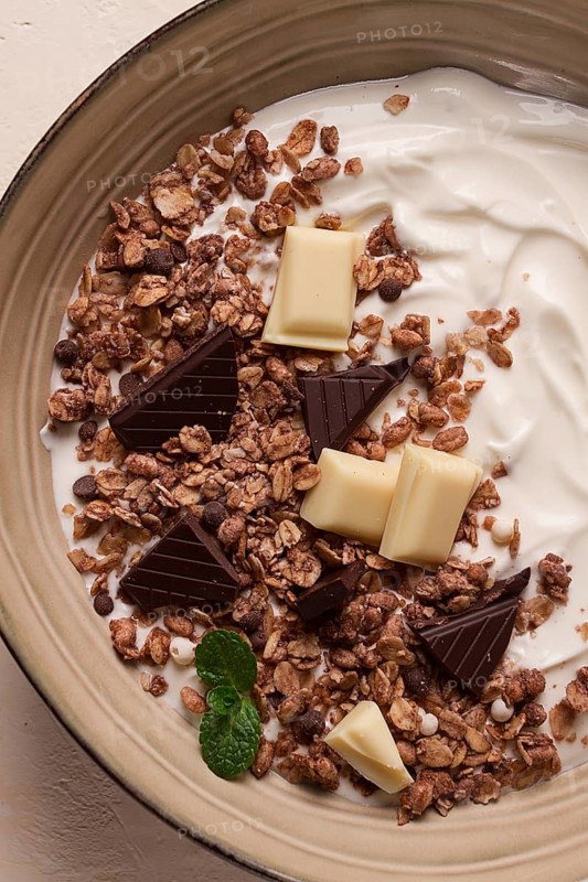 Yogurt with chocolate muesli, breakfast, close-up, fork on top, no people