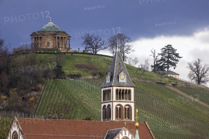 Funerary chapel (1820 to 1824) on the Württenberg in Stuttgart, the mausoleum is a landmark designed by court architect Giovanni Salucci. In front of it the Catholic church of St Johannes Untertürkheim, Stuttgart, Baden-Württemberg, Germany, Europe
