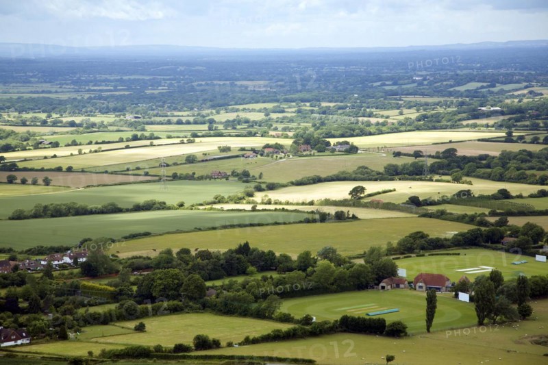 View over patchwork of fields in the Weald near Fulking, West Sussex, England, United Kingdom, Europe