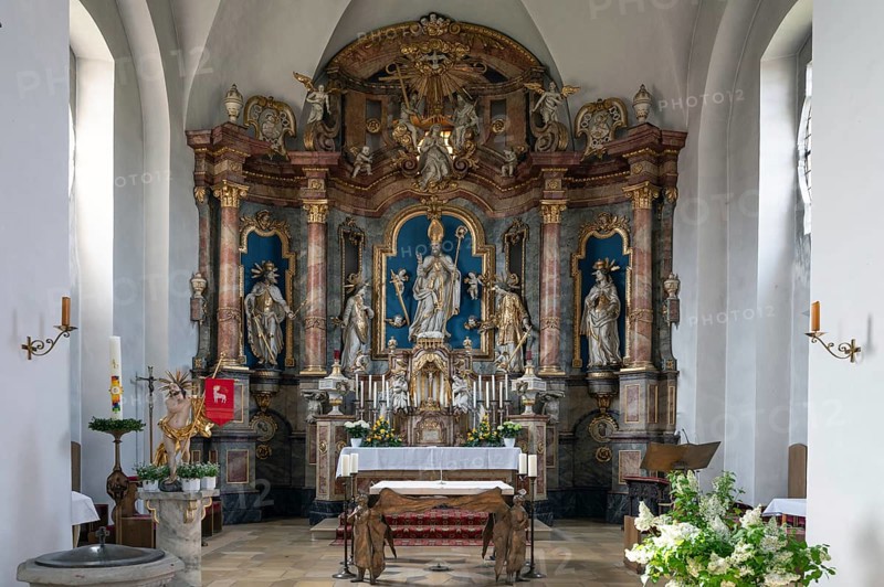 Baroque, three-part high altar in the church of St Kilian, Pretzfeld, Upper Franconia, Bavaria, Germany, Europe