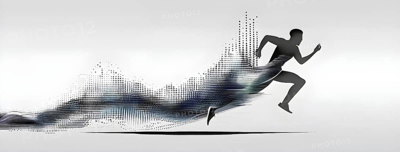 Wave of data points shaping into a runners silhouette, abstract illustration in black and white, conveying speed and precision guided by AI, AI generated