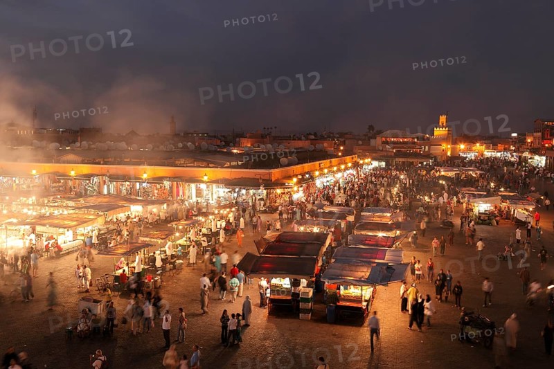 Restaurants in the evening on the Djemaa el Fna square in Marrakech, Morocco, Africa