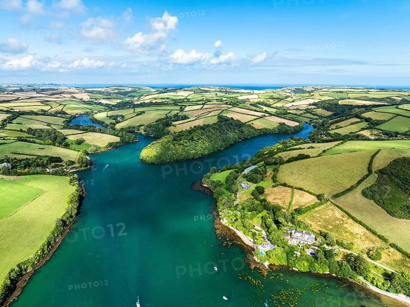 Salcombe and Mill Bay over Kingsbridge Estuary from a drone, Batson Creek, Southpool Creek, Devon, England, United Kingdom, Europe