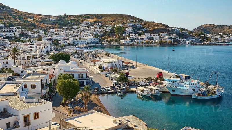 Coastal town with a harbour full of ships, surrounded by hills and blue sea under a sunny sky, Skala, Patmos, Dodecanese, Greek Islands, Greece, Europe