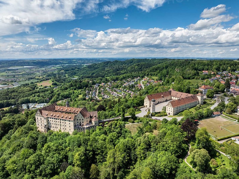 Aerial view of Heiligenberg Castle, a Renaissance-style castle complex, administrative district of Tübingen, Lake Constance, Linzgau, Baden-Württemberg, Germany, Europe