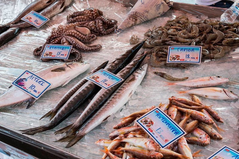 Display at a fish market with a selection of seafood such as fish, octopus and shrimps under ice, market, Nafplio, Nauplia, Nauplion, Nafplion, Argolis, Peloponnese, Greece, Europe