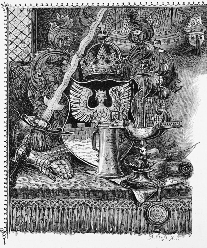 Emden in East Frisia, Lower Saxony, emblem, symbol, sword, crown, seal, tall ship, beer mug, ornamentation, Germany, historical illustration 1880, Europe