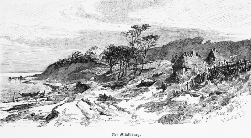 Coastal landscape near Glücksburg, Flensburg Fjord, Schleswig-Holstein, cliffs, boulders, boat, group of trees, rural, cottage, thatched house, wooden fence, Germany, historical illustration 1880, Europe