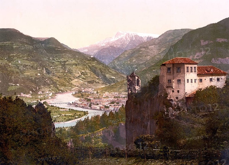 Haselburg Castle and view of Bolzano, Bolzano, Tyrol, former Austro-Hungary, today Italy, c. 1890, Historic, digitally restored reproduction from a 19th century original Haselburg Castle and view of Bolzano, Bolzano, Tyrol, former Austro-Hungary, today Italy, 1890, Historic, digitally restored reproduction from a 19th century original