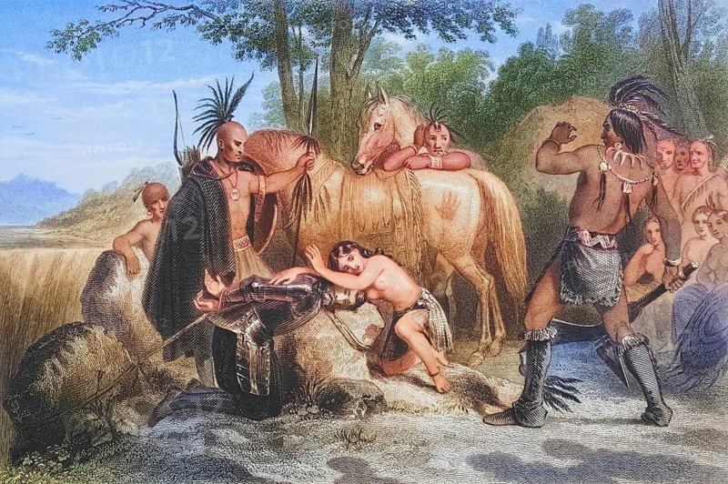 Smith is rescued by Pocahontas 1607. Captain John Smith 1580, 1631. English soldier and explorer. Pocahontas Matoaka 1595, 1617. Algonqiuan Indian princess, Historical, digitally restored reproduction from a 19th century original, Record date not stated