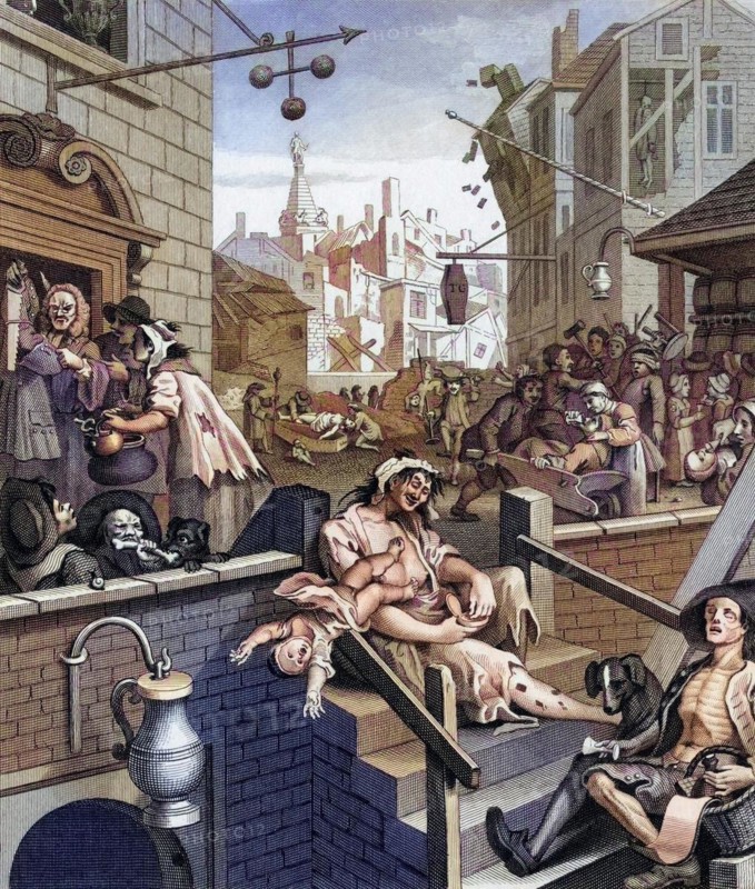 Beer Street and Gin Lane Gin Lane From the original design by Hogarth from The Works of Hogarth published London 1833, Historic, digitally restored reproduction from a 19th century original, Record date not stated