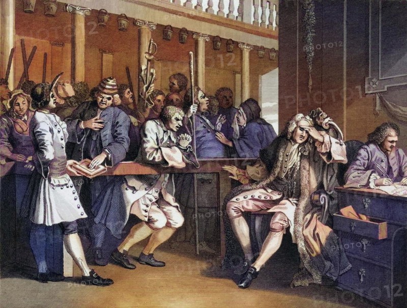 Idustry and Idleness The industrious prentice alderman of London The idle one impeached in front of him by his accomplice From The Works of Hogarth published London 1833, Historic, digitally restored reproduction from a 19th century original, Record date not stated