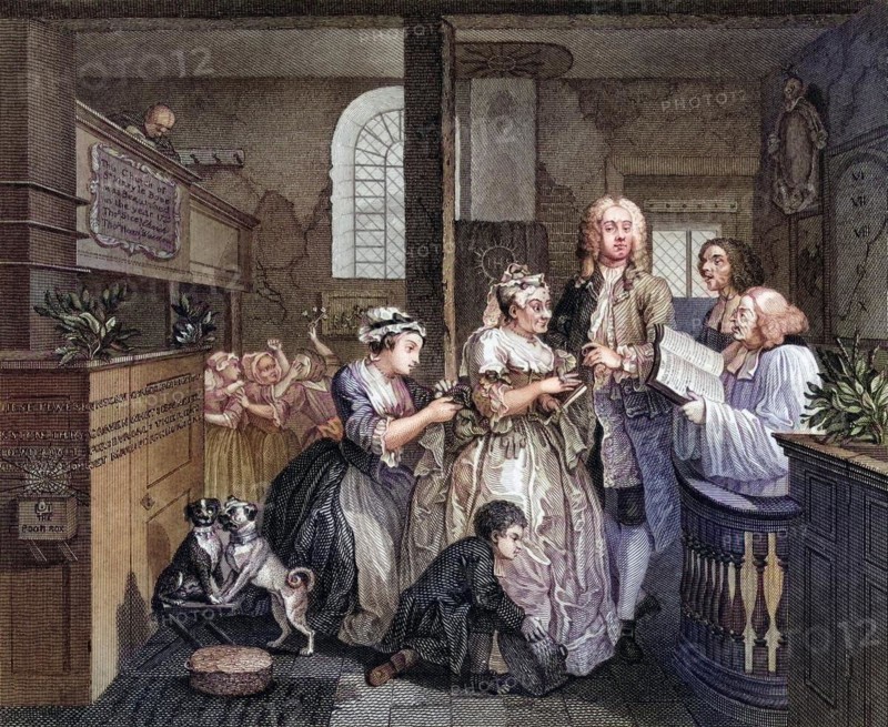 The Rakes Progress Marries an old maid From an original picture by Hogarth from The Works of Hogarth published London 1833, Historisch, digital restaurierte Reproduktion von einer Vorlage aus dem 19. Jahrhundert, Record date not stated