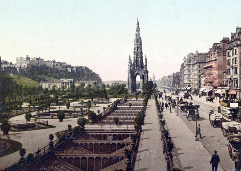 Edinburgh. Princess (i.e. Princes) Street. The Castle & Scott Monument, Scotland, c. 1890, Historic, digitally restored reproduction from a 19th century original