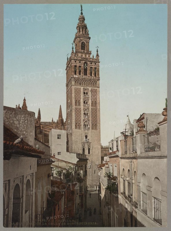 La Giralda con la calle de Borceguineria, Seville, Andalusia, Spain, c. 1890, Historic, digitally restored reproduction from a 19th century original, Europe