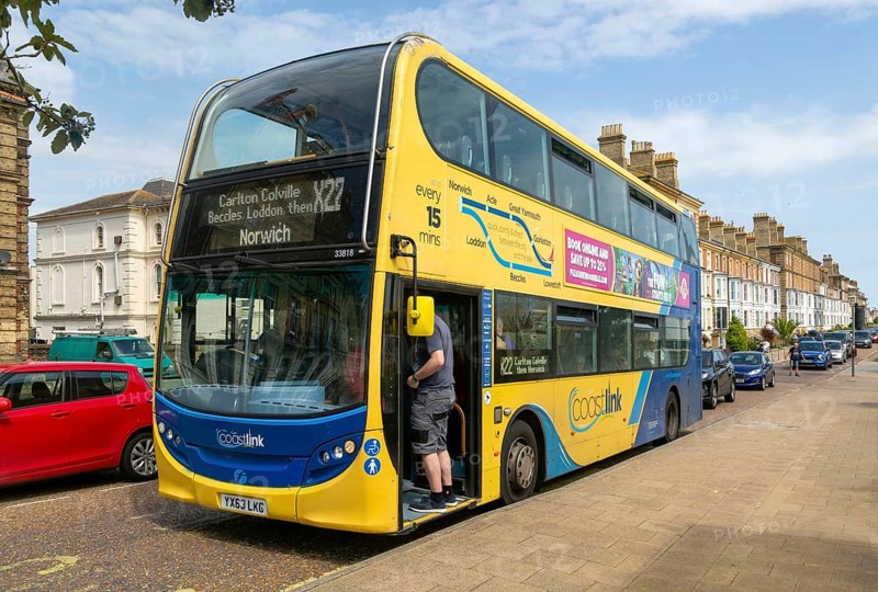 CoastLink double decker bus route X22 service to Norwich, Lowestoft, Suffolk, England, UK -Alexander Dennis Enviro400 vehicle
