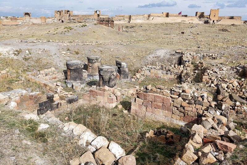 Columns of the Zoroastrian Fire temple, Ani Archaeological site, Kars, Turkey, Asia