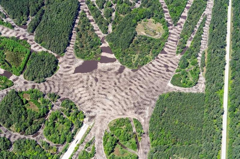 Aerial view, military training area, Munster, manoeuvring area, Bundeswehr, Lüneburg Heath, lanes, intersection