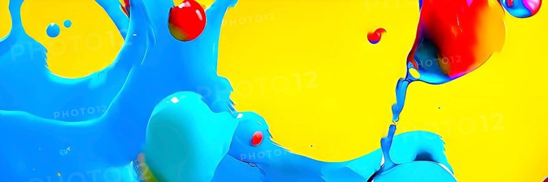 Abstract image with vibrant blue and red blobs and liquid shapes on a yellow background, AI generated