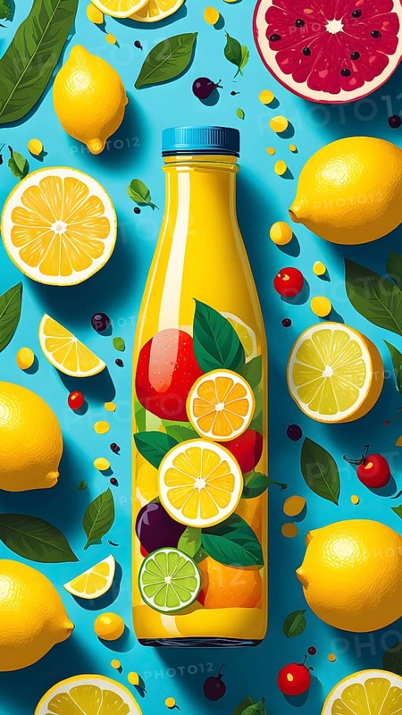 Abstract wallpaper of smoothie surrounded by an assortment of fruits and vegetables, AI generated