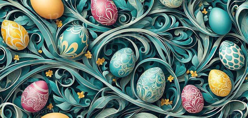 A whimsical abstract pattern with intertwined ribbons, eggs, and floral motifs, with a mix of sharp and soft lines creating depth, AI generated