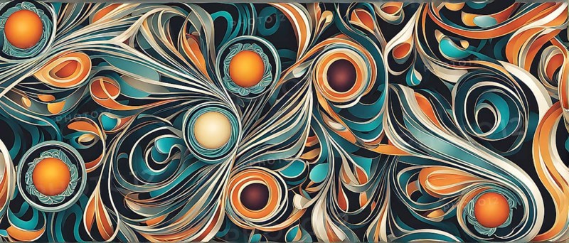 A whimsical abstract pattern with intertwined ribbons, eggs, and floral motifs, with a mix of sharp and soft lines creating depth, AI generated