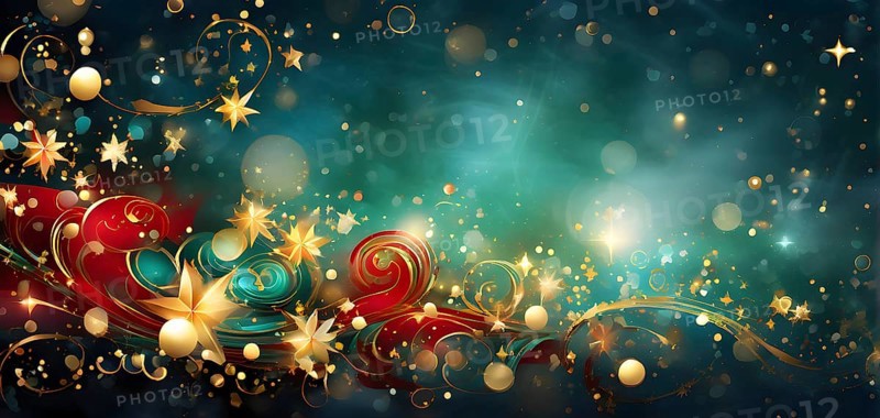Abstract wallpaper illustration of Christmas symbols for gift cards, swirling shapes and lines, in red green and golden colors, AI generated
