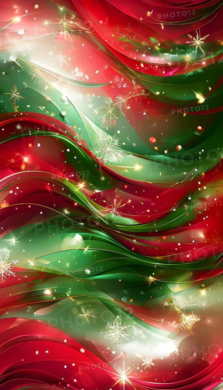 Abstract wallpaper illustration of Christmas symbols for gift cards, swirling shapes and lines, in red green and golden colors, AI generated