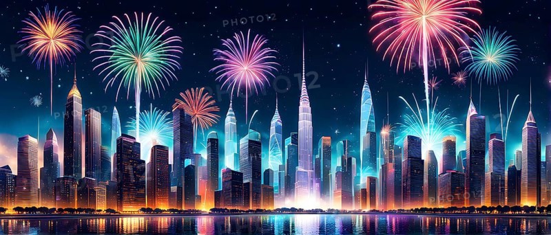Wallpaper illustration of a cityscape on New Year's Eve, with glowing skyscrapers and floating holographic fireworks, blending a sense of festive atmosphere, AI generated