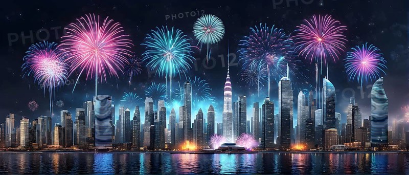 Wallpaper illustration of a cityscape on New Year's Eve, with glowing skyscrapers and floating holographic fireworks, blending a sense of festive atmosphere, AI generated