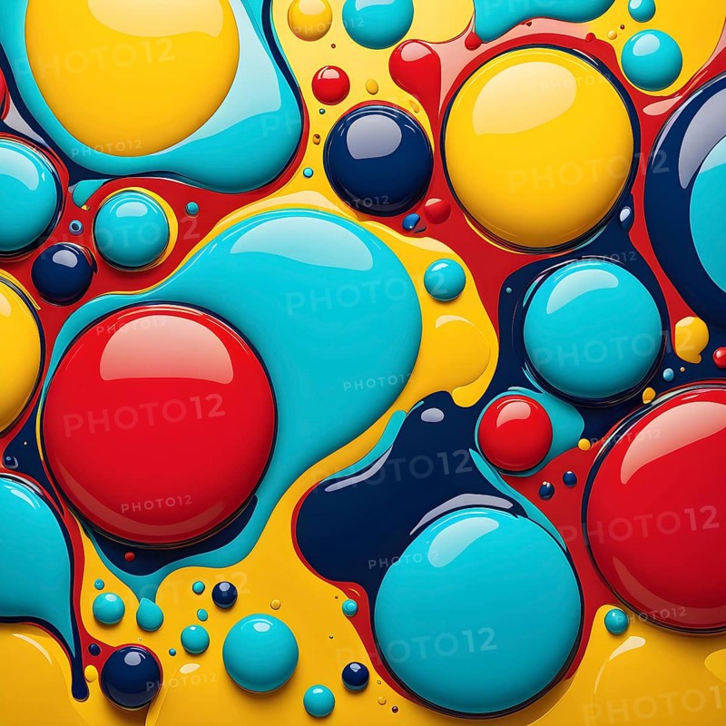 Abstract image with vibrant blue and red blobs and liquid shapes on a yellow background, AI generated