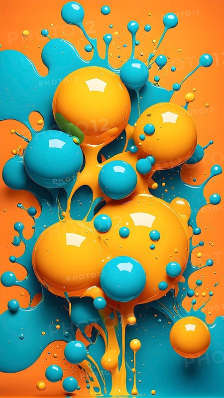 Abstract wallpaper with colorful turquoise and yellow blobs and liquid shapes on a orange background, AI generated