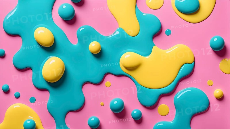 Abstract image with colorful yellow and turquoise blobs and liquid shapes on a pink background, AI generated