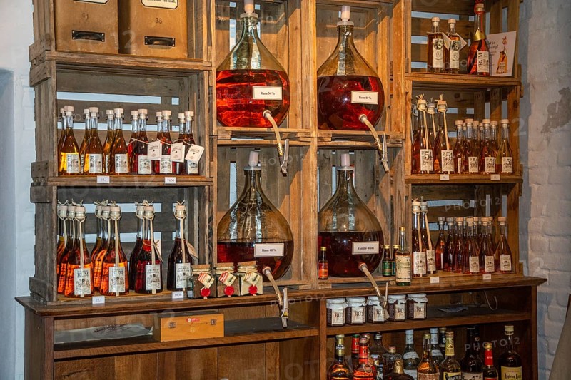 Assortment of bottles of rum in the rum museum in Flensburg, Schleswig-Holstein, Germany, Europe