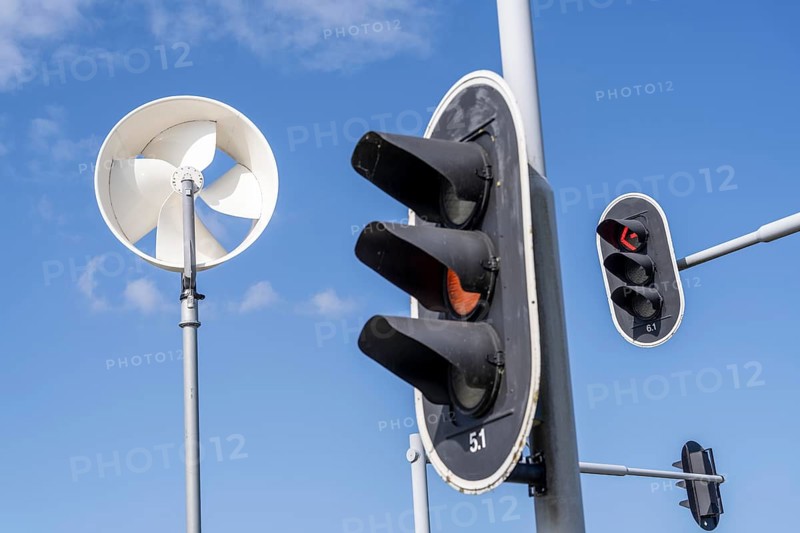 A mini wind power plant in the small Dutch town of Haarlemmermeer supplies the traffic lights at a road junction with electricity, test facility to test the effectiveness of such mini windmills to supply other areas, such as street lighting, with climate-neutral energy, Bennebroekerweg junction, Rijnlanderweg, Netherlands