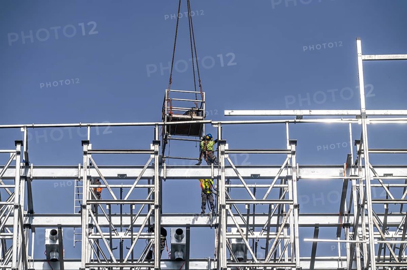Construction of a high-bay warehouse, storage system for high space utilisation, in steel construction, North Rhine-Westphalia, Germany, Europe