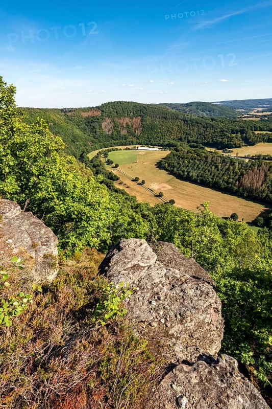 Eugenienstein, view into the Rur valley, landscape along the red sandstone route, in the Rureifel, near Nideggen, Düren district, North Rhine-Westphalia, Germany, Europe