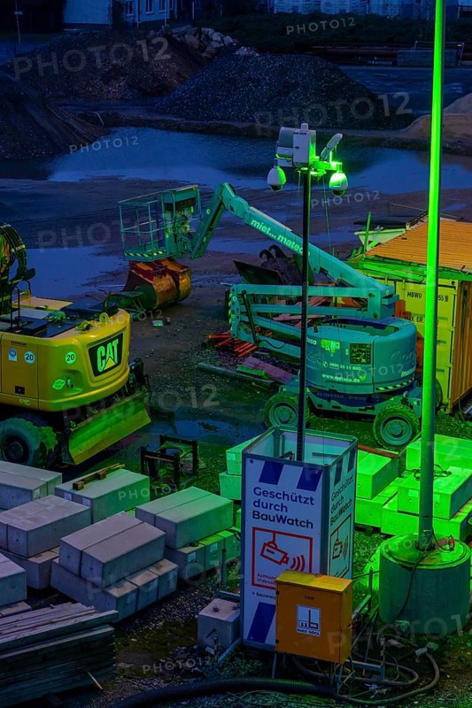 Construction site, construction material, construction tools, construction equipment, secured by BauWatch, camera surveillance, object in the green light of the surveillance camera, company for construction site security, surveillance, protection against theft and vandalism