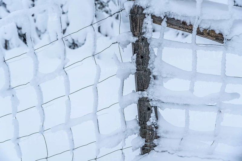 Snow-covered and icy fence, winter in Sauerland, Hochsauerlandkreis, at Kahler Asten, near Winterberg, few tourists, visitors, during the lockdown in January 2021, North Rhine-Westphalia, Germany, Europe