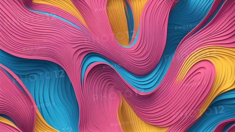 Seamless abstract pattern of vector fluid curved lines creating a dynamic ripple effect in vibrant colors of blue, pink and yellow, AI generated