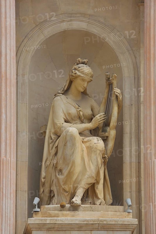 Sculpture with lyre at the opera built in 1862, woman, sitting, lyre, musical instrument, stringed instrument, plucked instrument, playing music, theatre, Place Victor Hugo, Toulon, Var, Provence, France, Europe