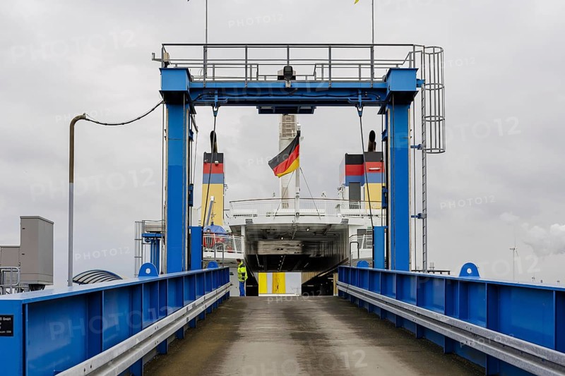 Ferry Münsterland of the AG Ems shipping company, in front of the crossing from the mainland to Borkum, which is fuelled by gas instead of heavy fuel oil. Eemshaven, 17.05.2024. Ramp for car transport