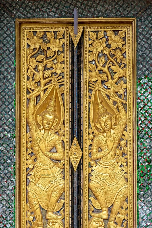 Ornate gilded door, Wat Xieng Maen, Vat Xieng Mouane, Luang Prabang, Laos, Asia