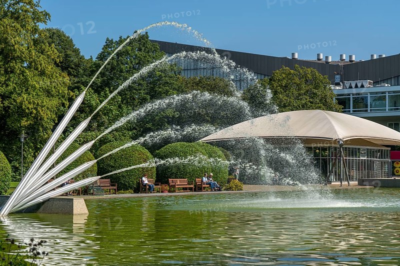 The Grugapark in Essen, main entrance, Grugahalle, water features, pond, North Rhine-Westphalia, Germany, Europe
